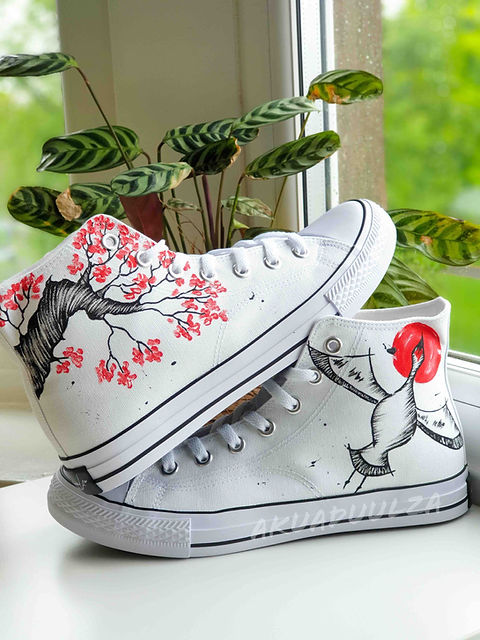 Japanese Crane and cherry blossom painted shoes, Custom