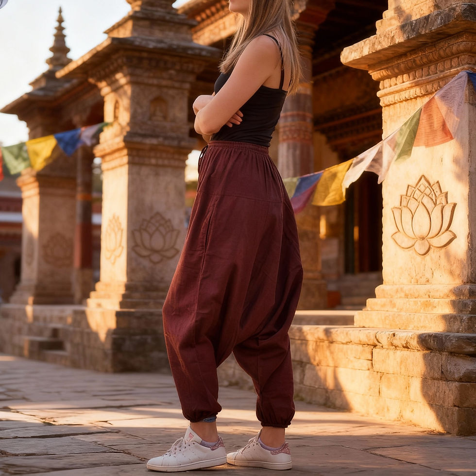 Miniatura: Profilo laterale di una persona che indossa i pantaloni aladdin di cotone marrone, evidenziando la vestibilità larga.