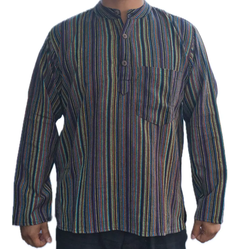 Thumbnail: A close-up of a mix green striped collarless shirt.