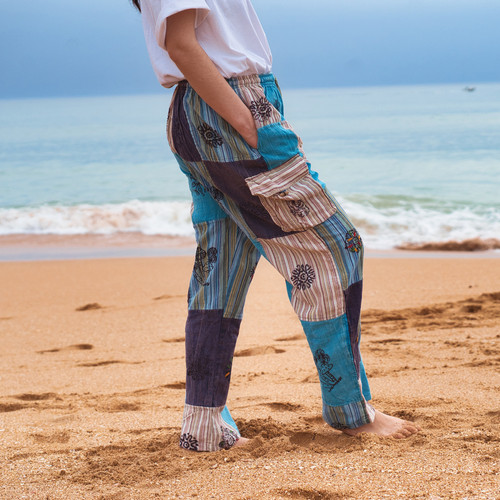 Ocean Blue Patchwork Hippie Trousers Boho Yoga Cargo Pants