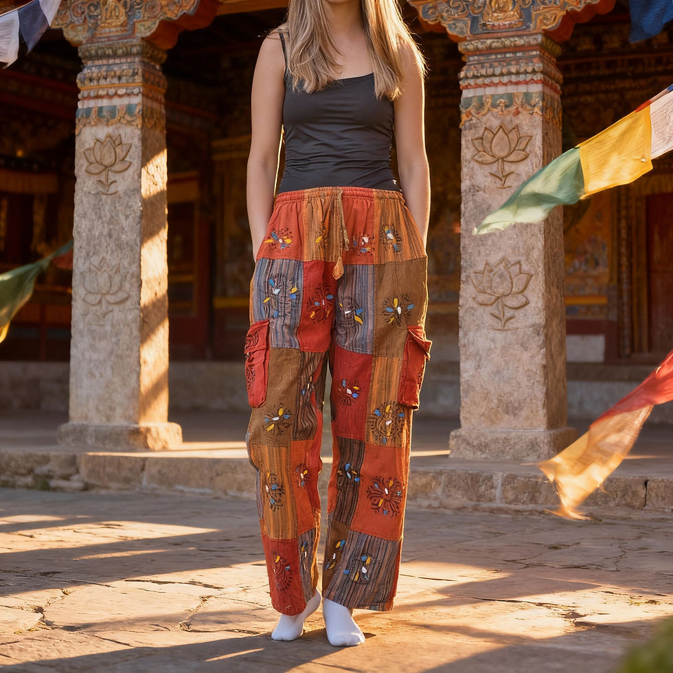 Pantaloni patchwork arancione bruciato con tasche cargo, ambientati in un cortile di pietra tradizionale.
