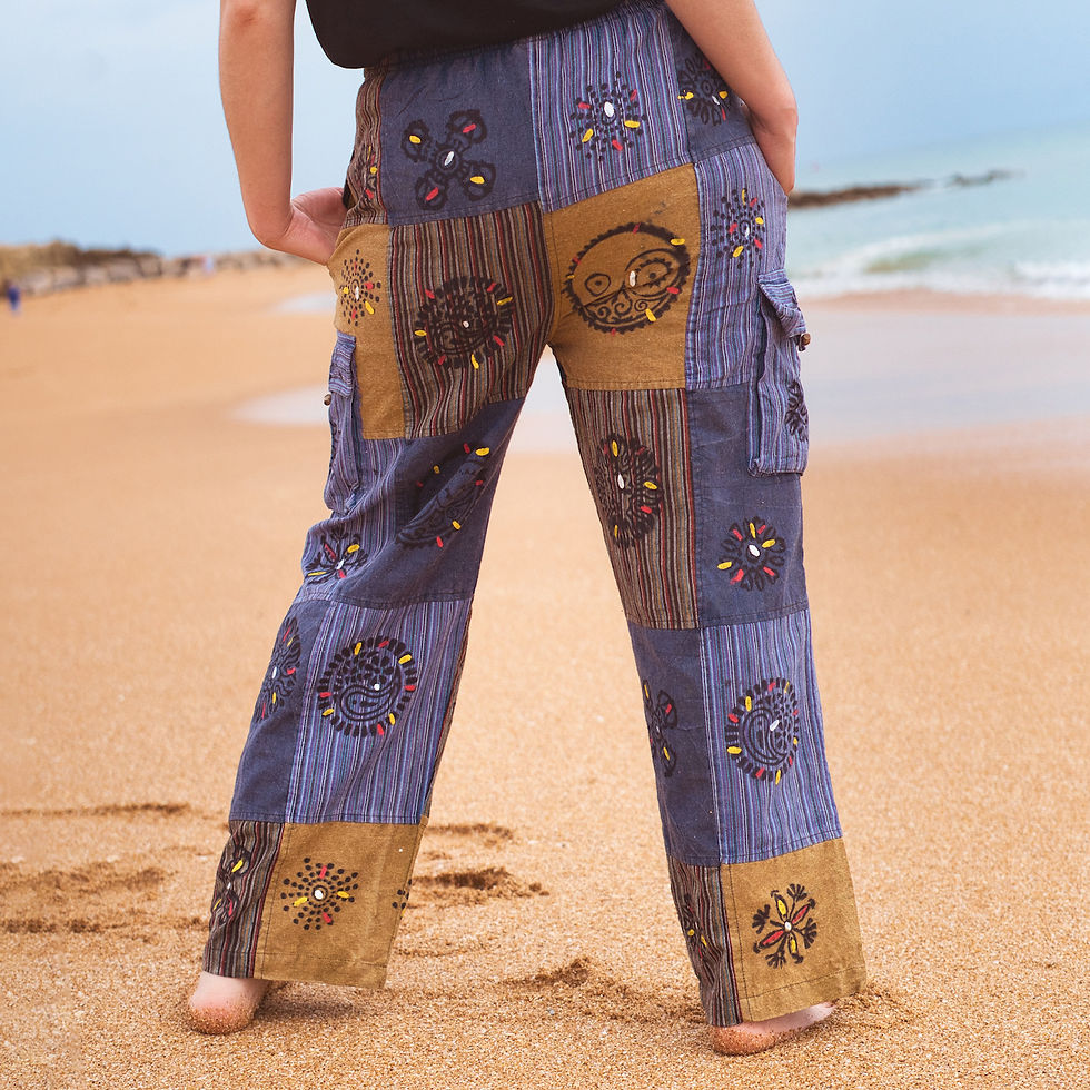 Thumbnail: Patchwork trousers, colorful fabric construction.