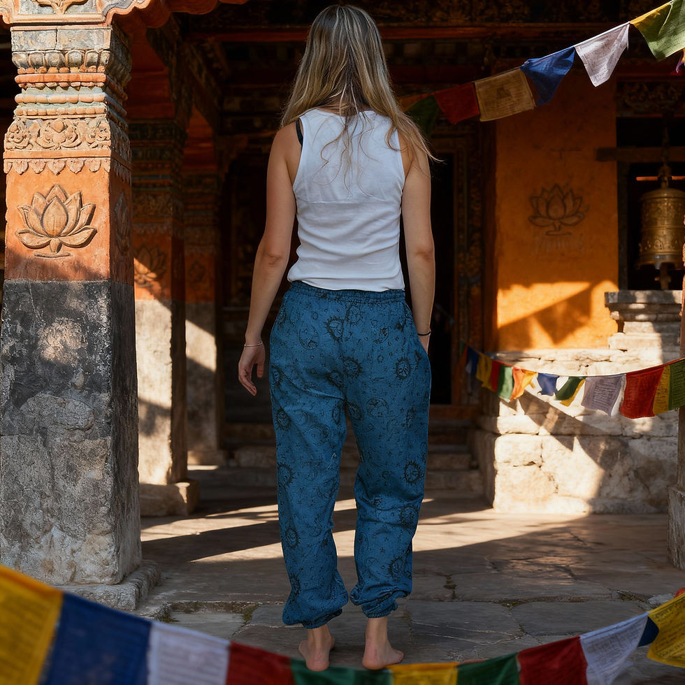 Miniatura: Modella che si allontana in Pantaloni Blu Celestial attraverso un passaggio del tempio soleggiato.