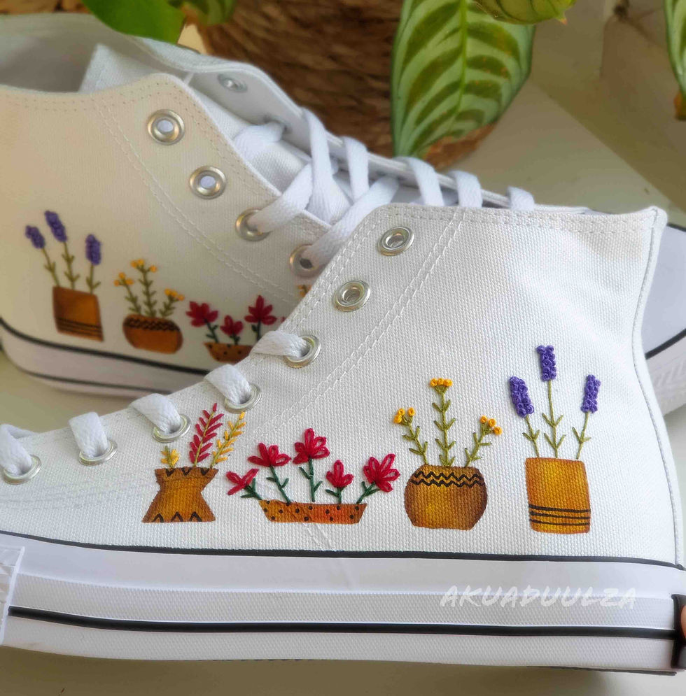 Thumbnail: White high-top canvas shoes with embroidered potted flowers, facing left.