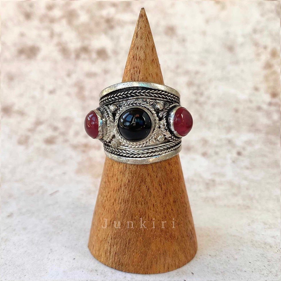 Black and red Three stone Tibetan Ring Front View.