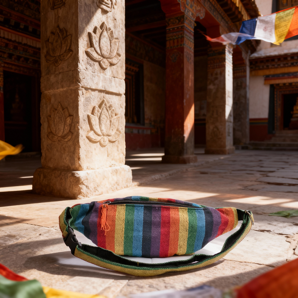 Miniatura: Vista posteriore del marsupio arcobaleno disteso, in un tradizionale cortile.