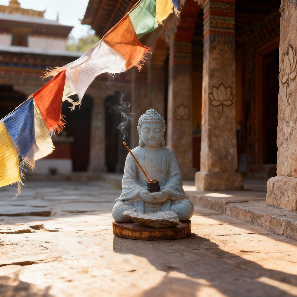 Miniatura: Statua del Buddha in pietra che tiene un bastoncino di incenso in un cortile illuminato dal sole.