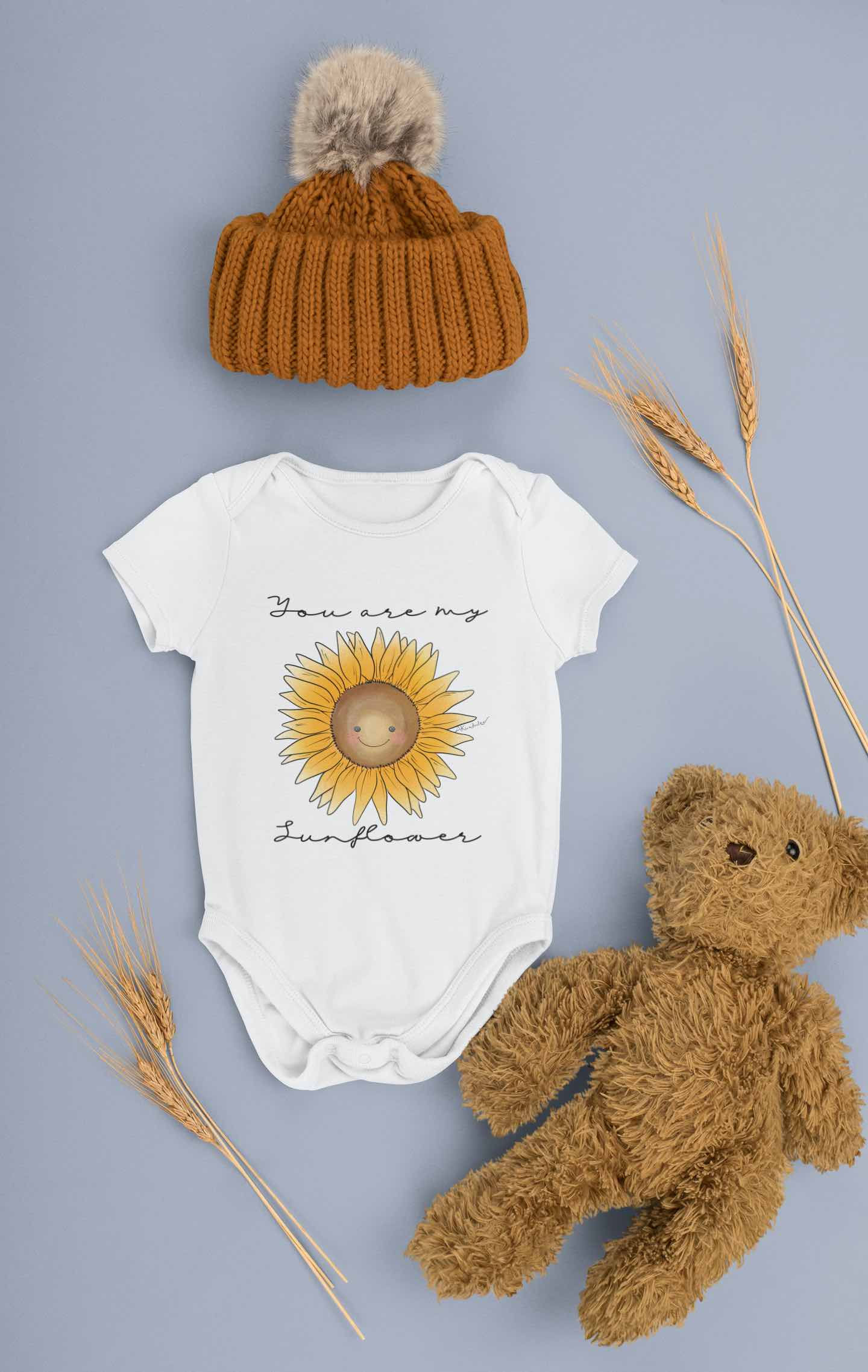 White baby bodysuit: "You are my Sunflower" with a cute sunflower graphic.
