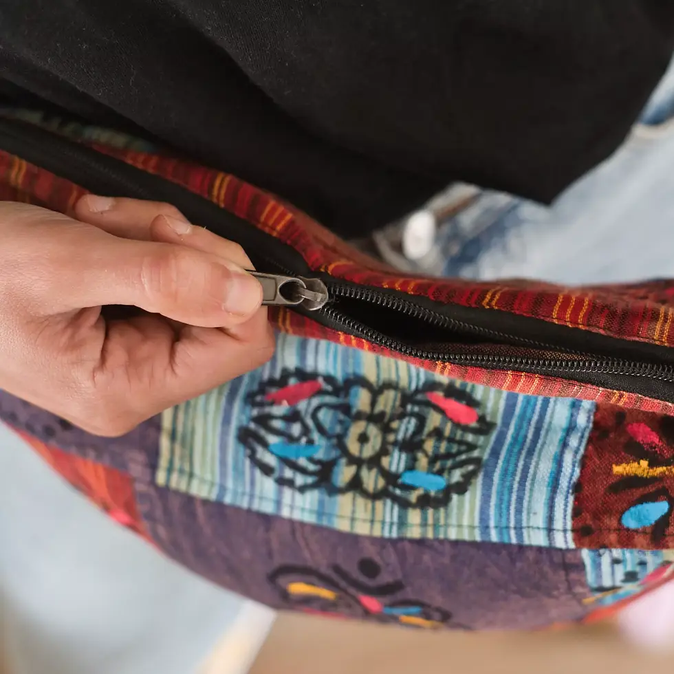 Thumbnail: Patchwork dumpling bag, secure closure.