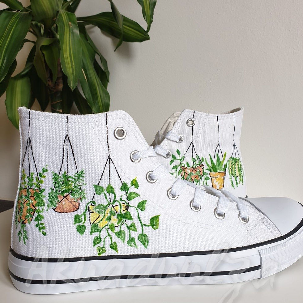 Thumbnail: White high-top canvas shoes with handpainted hanging plants, facing right.