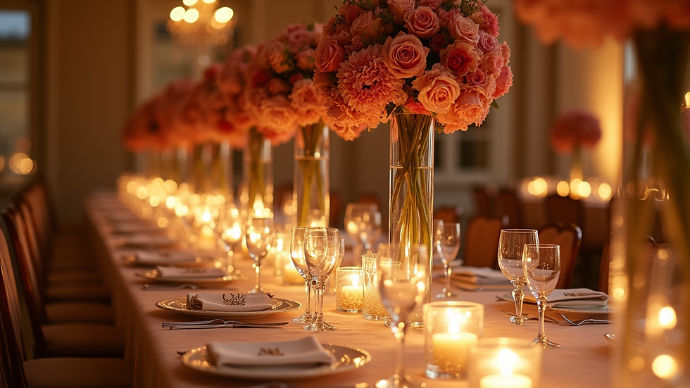 Eye-level view of a gala table with tall floral centerpieces and warm lighting