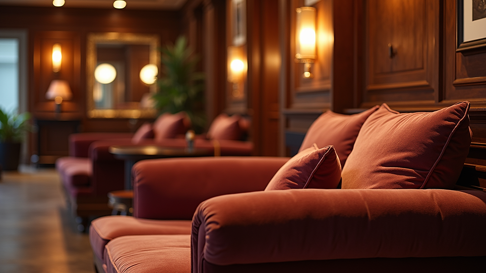 Close-up view of a luxurious lounge area with velvet sofas and elegant lighting