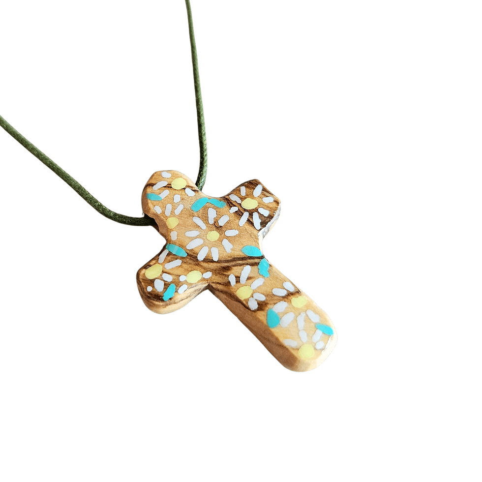 Miniature : Collier en coton ciré et croix en bois d'olivier
