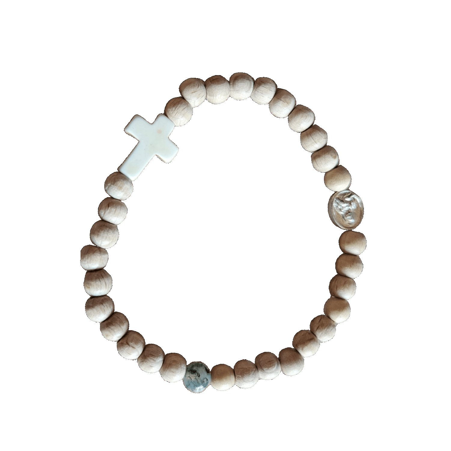 Bracelet chrétien artisanal en bois, croix et médaille