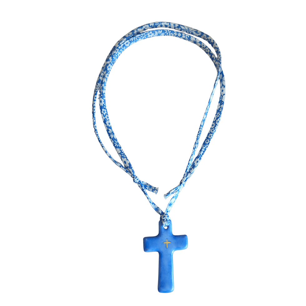 Miniature : Collier Liberty bleu & croix en porcelaine peint à la main 