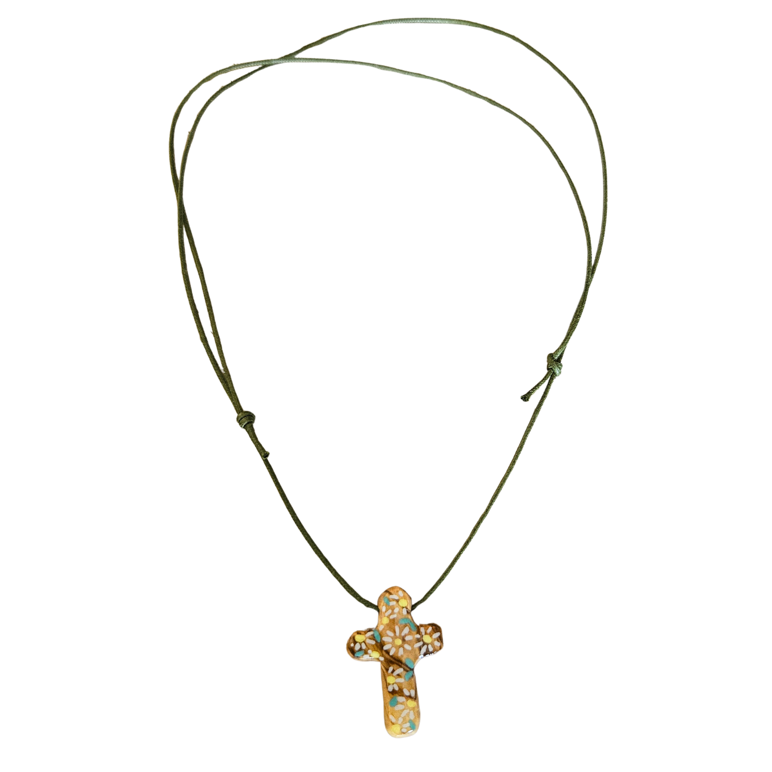 Collier en coton ciré et croix en bois d'olivier