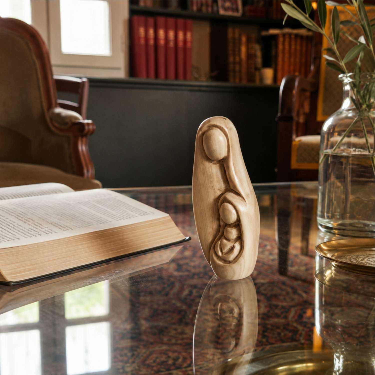 Sainte Famille minimaliste en bois d’olivier de Bethléem – Sculpture artisanale
