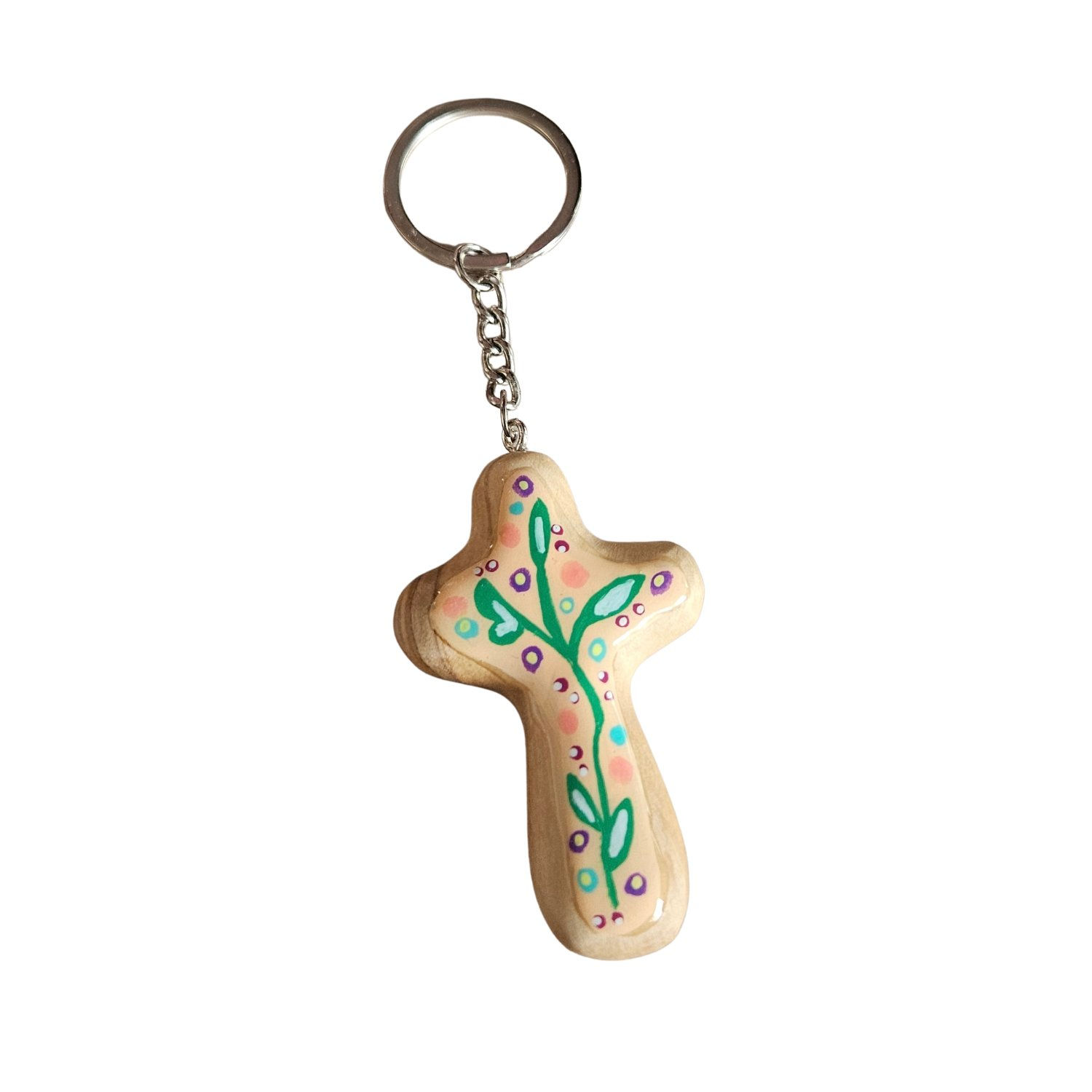 Porte-clés croix en bois d’olivier de Bethléem – Peint à la main