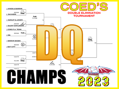 2023 Coed double elimination tournament graphic: DQ, champions. Opens the coed bracket PDF.