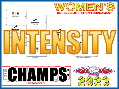 2023 Women’s double elimination tournament graphic: Intensity, champions. Opens the women’s bracket PDF.