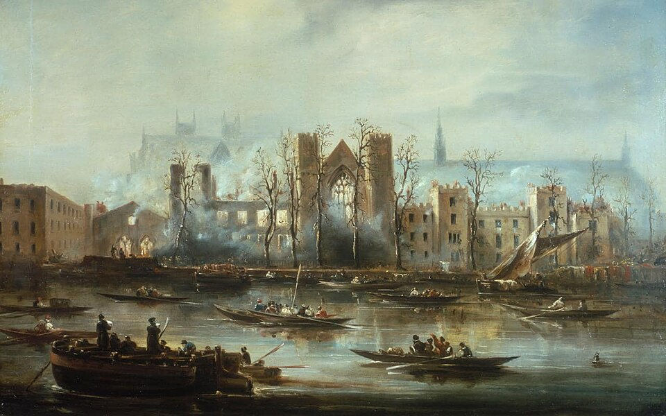 The Palace of Westminster, viewed from the Thames after the fire
