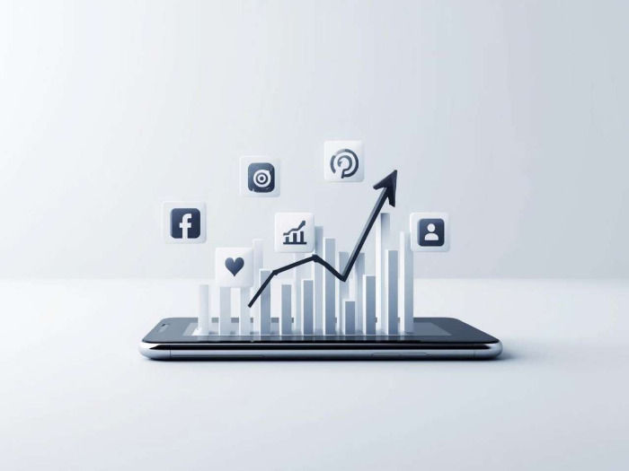 3D bar chart emerges from a smartphone screen with social media icons around it. an upward arrow indicates growth, conveying a sense of digital success.
