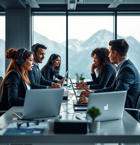 Generate a professional, cinematic-style office scene showing a diverse remote operations