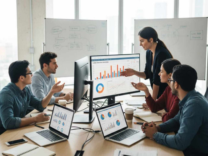 A group of six people in a modern office discuss data on a large monitor displaying colorful graphs. Laptops on the table show similar charts.