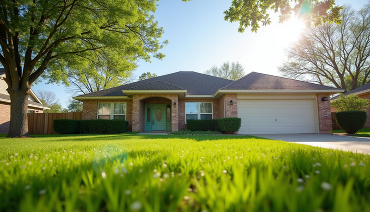 Eye-level view of a North Texas suburban home with a well-maintained lawn