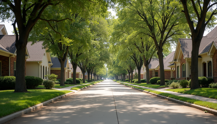 Eye-level view of a peaceful suburban street lined with trees and modern homes in North Texas
