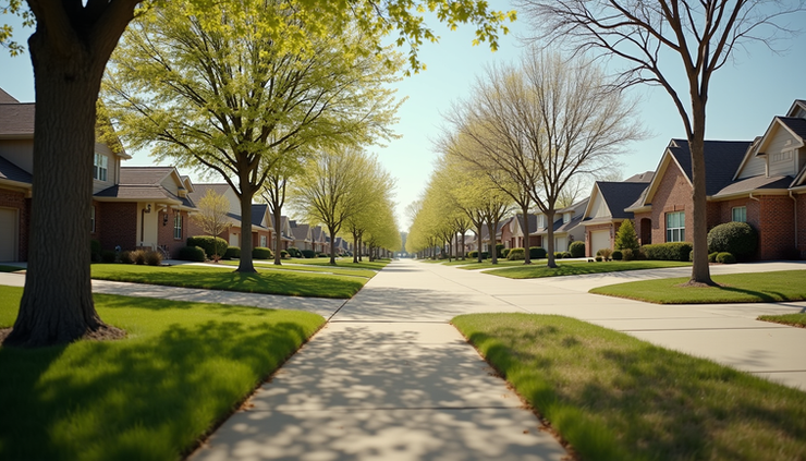 Eye-level view of a suburban North Texas neighborhood with houses and trees in spring