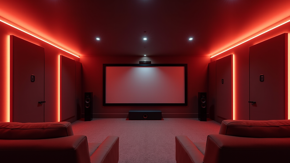 Wide angle view of a home theater room with smart lighting and surround sound speakers