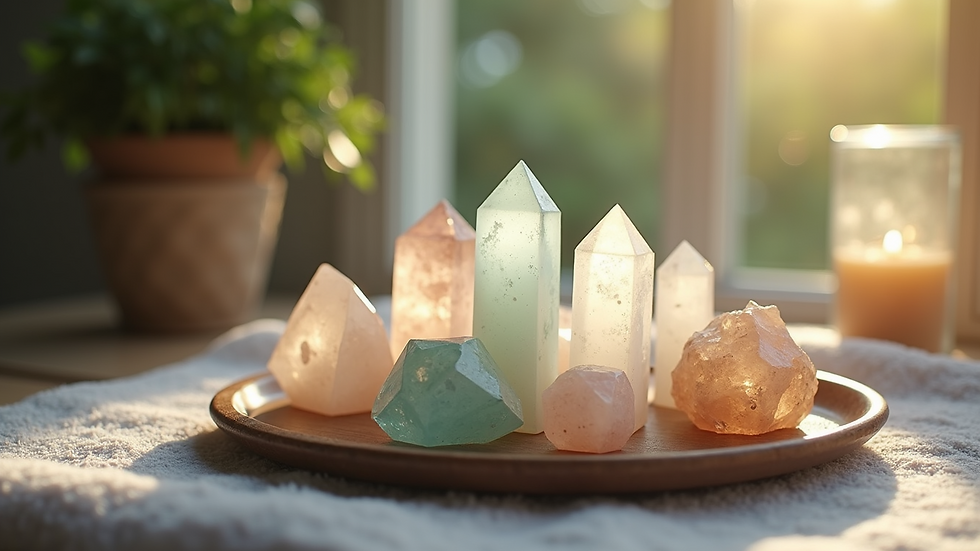 Close-up view of crystals placed on a serene altar for healing
