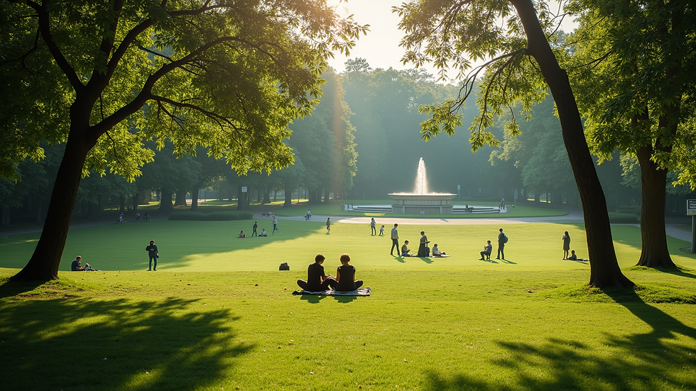 High angle view of a peaceful park with people enjoying nature