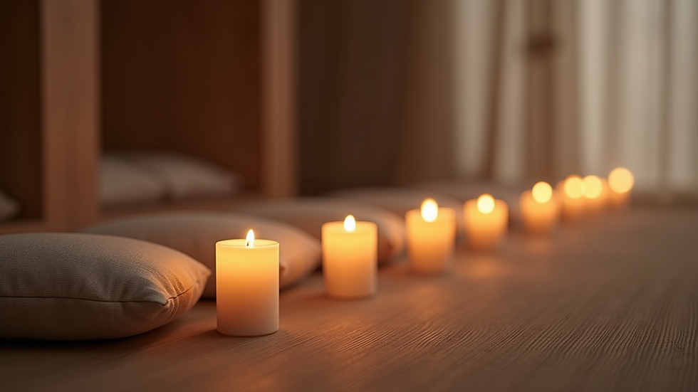 Eye-level view of a serene meditation space with candles and cushions