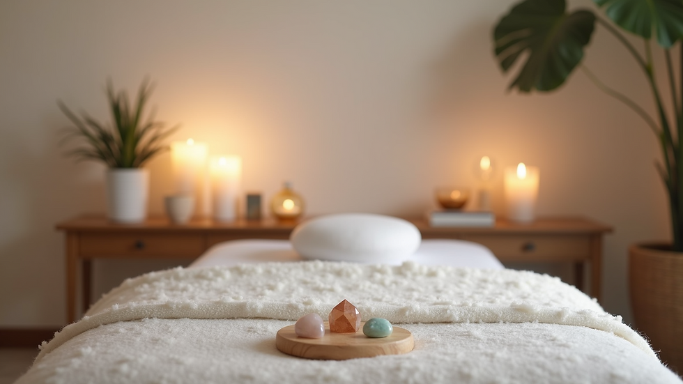 Eye-level view of a peaceful therapy room with soft lighting and healing crystals