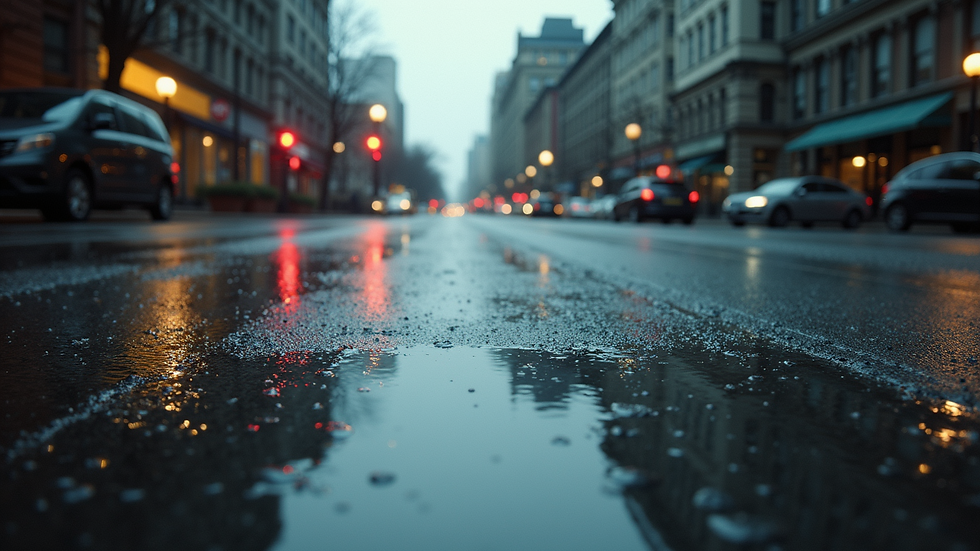 High-angle view of a rainy street scene with puddles