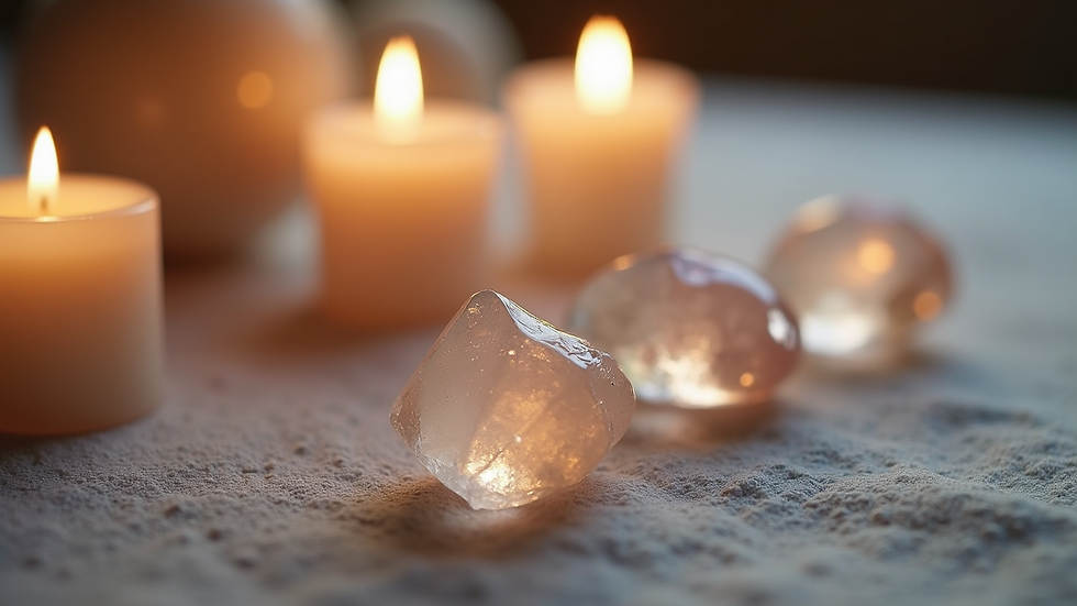 Close-up view of angelic symbols and crystals arranged for a Reiki session