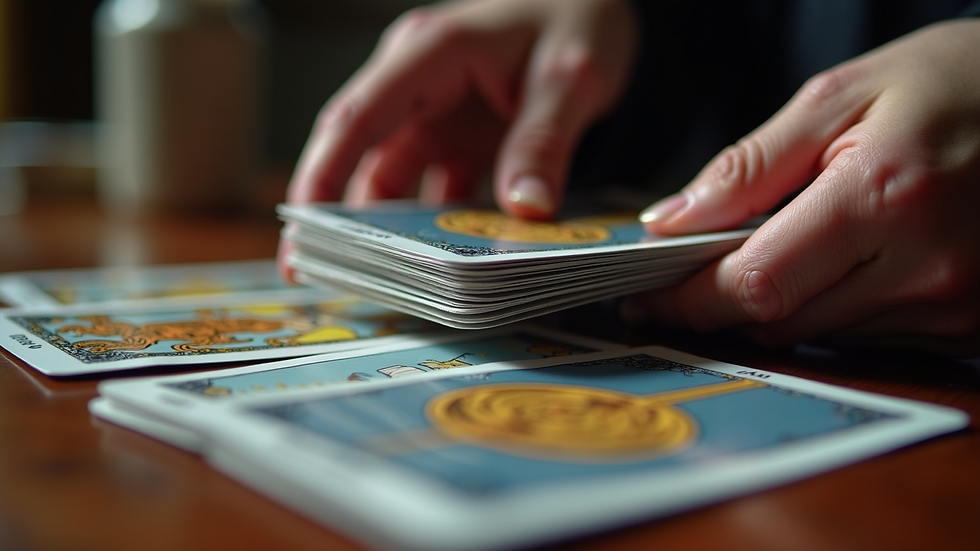 Close-up view of tarot cards being shuffled