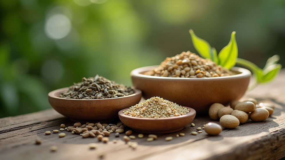 Close-up view of herbal medicine ingredients arranged on a wooden table