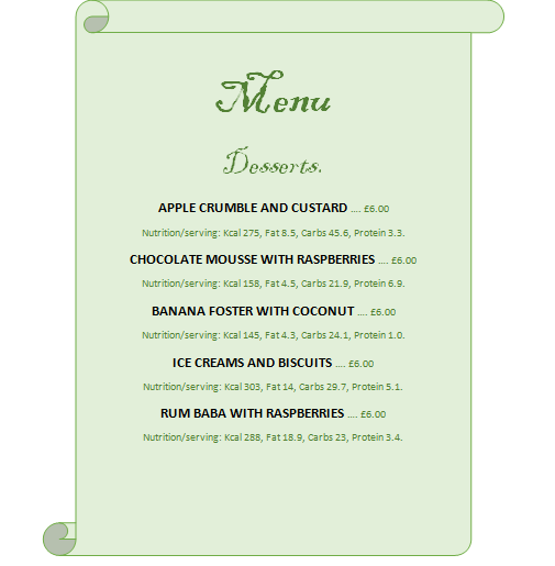 Desserts menu + Price + Nutrition infos