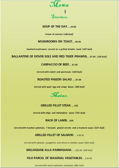 Starters and Mains menu + Description + Price + Calories
