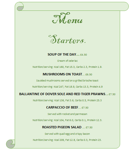 Starters menu + Description + Price + Nutrition infos