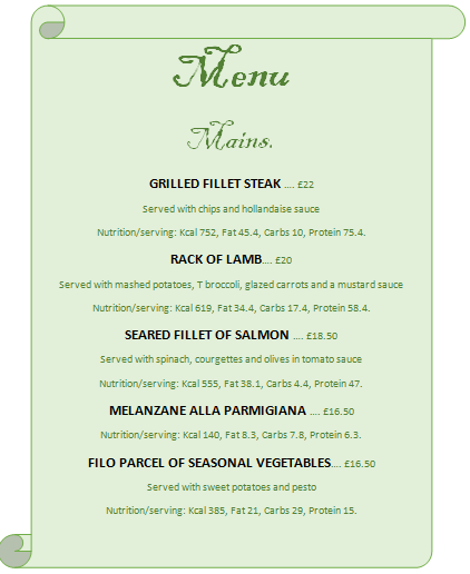Mains menu + Description + Price + Nutrition infos