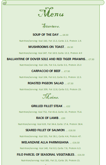 Starters and Mains menu + Price + Nutrition infos