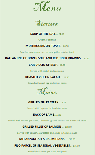 Starters and Mains menu + Description + Price