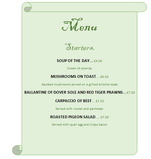 Starters + Description + Price