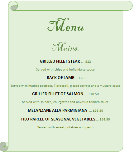 Mains + Description + Price