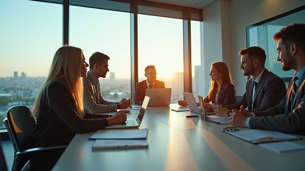 Vista aérea de una reunión de trabajo con laptop y notas