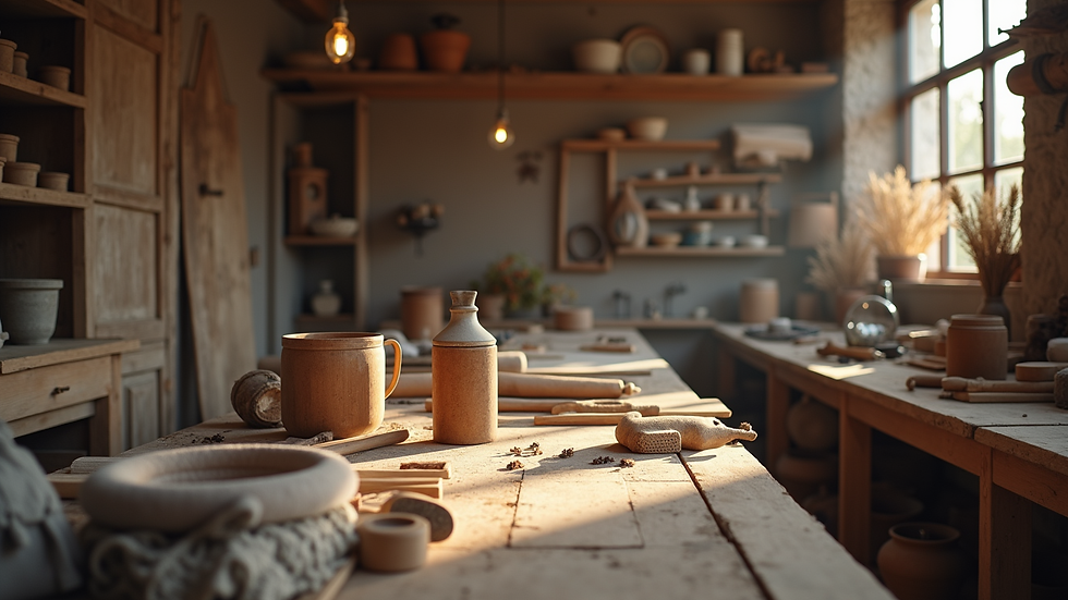 Eye-level view of a small artisan workshop with handmade products